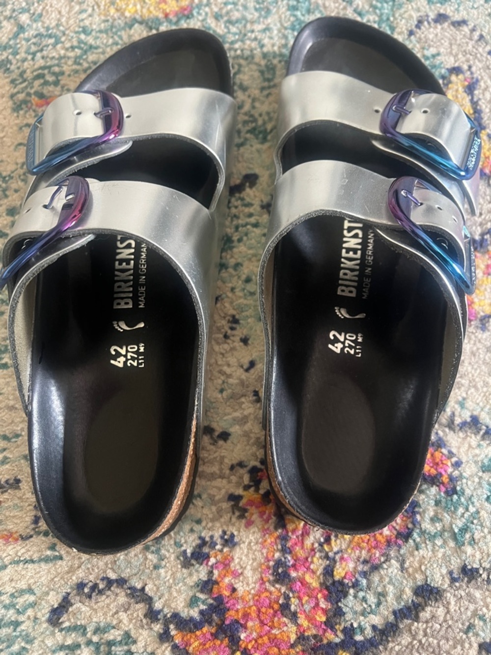 Arizona Big Buckle Lena iridescent purple blue & Silver metallic Leather Sandals - Picture 8 of 8